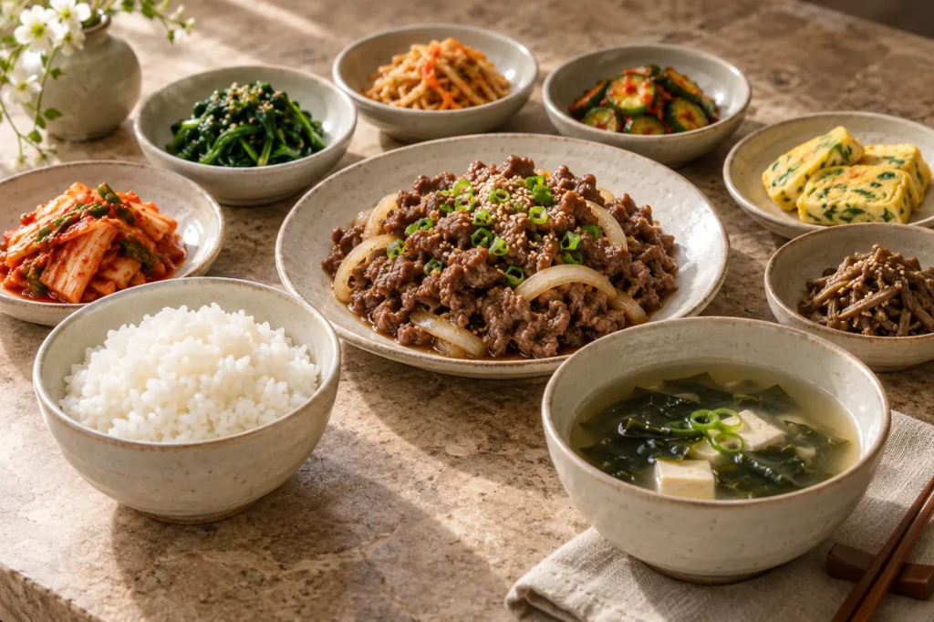 밥과 국, 불고기와 채소 반찬으로 구성된 한식 상차림